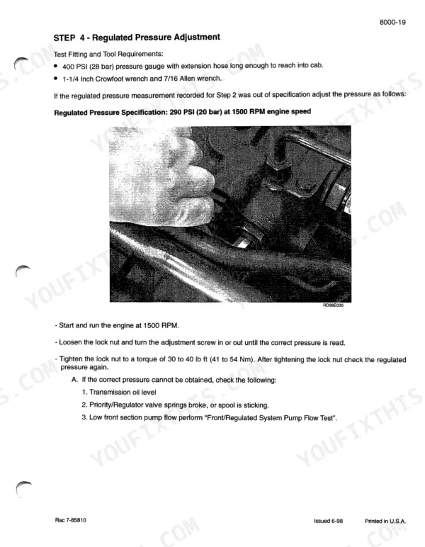 Case MX12-MX270 service manual: Regulated pressure adjustment procedure, tool requirements, and valve troubleshooting steps.