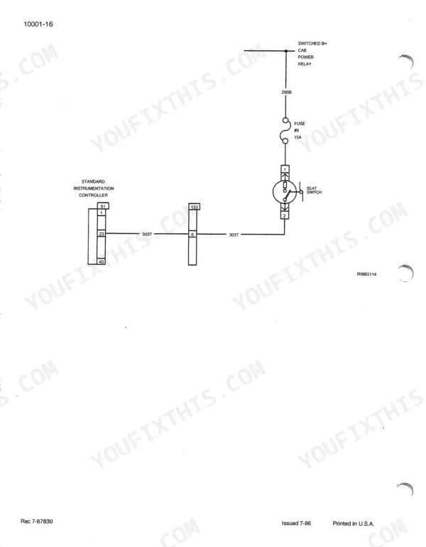 Case MX12-MX270 wiring diagram showing seat switch circuit, fuse #9, and standard instrumentation controller connection.