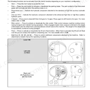 Case SR130-TV380 manual: Control handle switch configurations, horn, park, aux, 2-speed, ride control, and float functions.