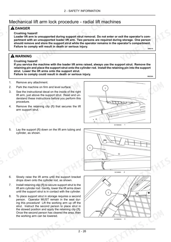 Case SR130-TV380 mechanical lift arm lock procedure for radial lift machines with safety diagrams and instructions.