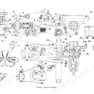 Case Steyr CS110-9145a, WD 320-634 exploded view of front axle assembly, steering cylinder, and differential components.