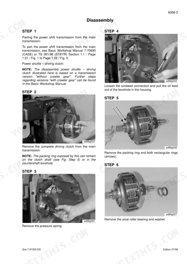 Case Steyr CS110-9145a, WD series: Disassembly steps for power shuttle driving clutch and transmission components.