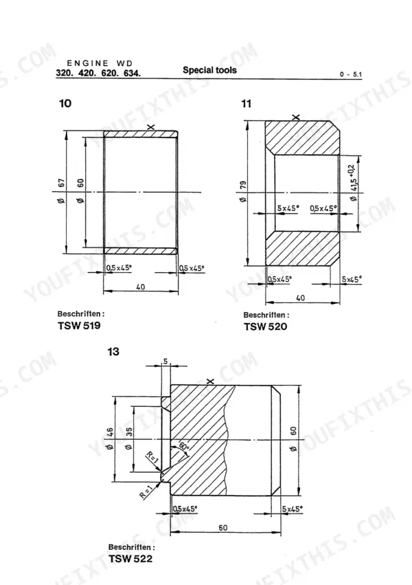 Case Steyr CS110-WD 634 engine special tools TSW 519, 520, 522 technical dimensioned diagrams for service and repair.