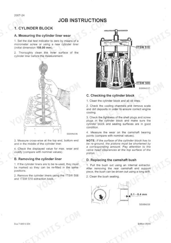 Case-steyr CS78, CS86, CS94 cylinder block service procedures: measuring liner wear, removing liners, and camshaft bush replacement.