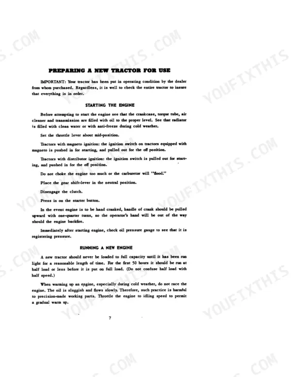 Case VAIW-3, VAIW-4 Tractors manual page: procedures for starting the engine and running a new tractor.