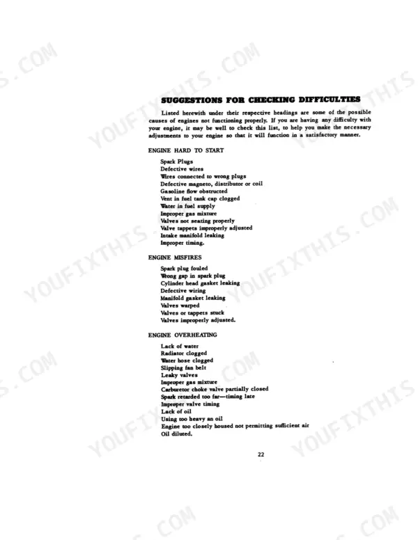 Case VAIW-3, VAIW-4 Tractors troubleshooting guide for engine hard to start, misfires, and overheating causes.