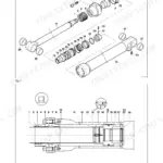 Case WX145, WX165, WX185 exploded view diagram of boom cylinder components and assembly cross-section.