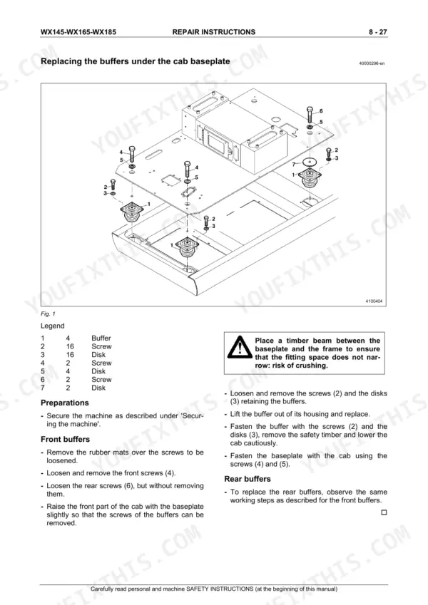 Case WX145, WX165, WX185 exploded view diagram and repair procedure for replacing cab baseplate buffers.