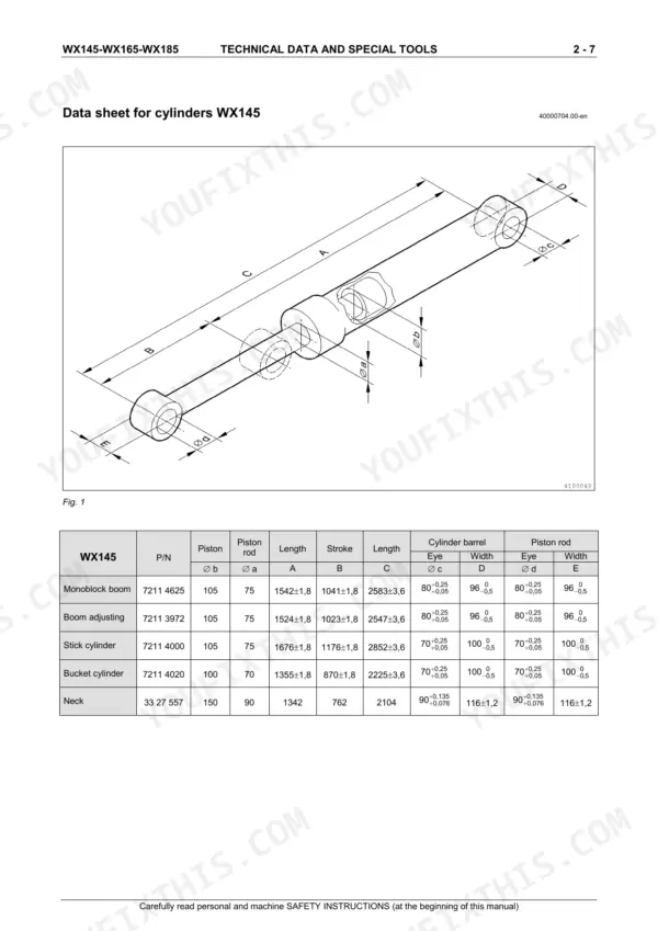 Case WX145, WX165, WX185 hydraulic cylinder technical data diagram and dimensions table for boom, stick, and bucket.