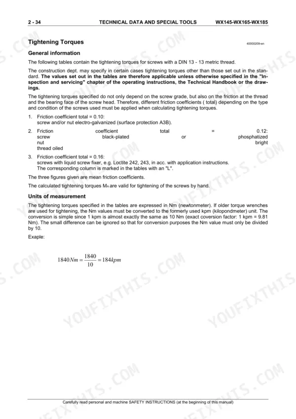 Case WX145, WX165, WX185 technical manual page detailing tightening torque specifications, friction coefficients, and unit conversions.
