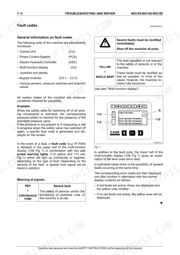 Case WX145, WX165, WX185 troubleshooting guide for fault codes, warning lights, and multi-function display signals.