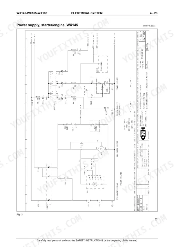 Case WX145, WX165, WX185 electrical system wiring diagram for power supply, starter, and engine components.