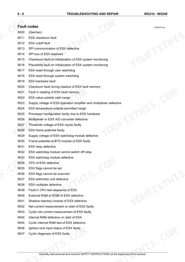 Case WX210, WX240 service manual page listing ESX fault codes 9000 through 9047 for troubleshooting and repair.