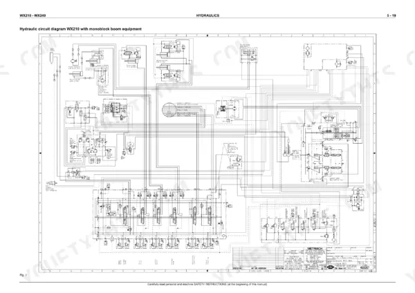 Case WX210, WX240 hydraulic circuit diagram for monoblock boom equipment showing cylinders, valves, and motor connections.