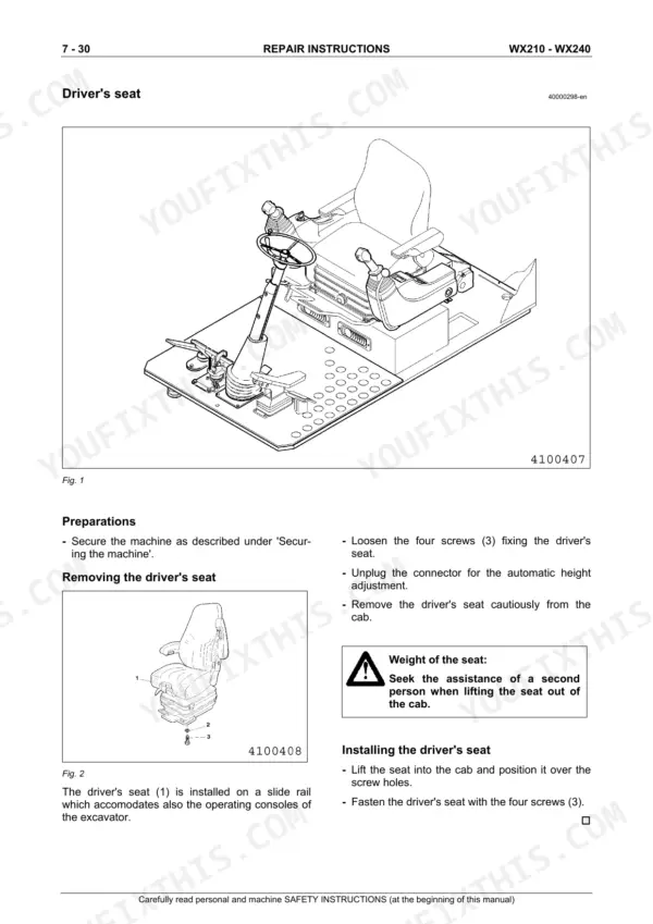 Case WX210, WX240 driver's seat removal and installation procedure with component diagrams and safety warnings.