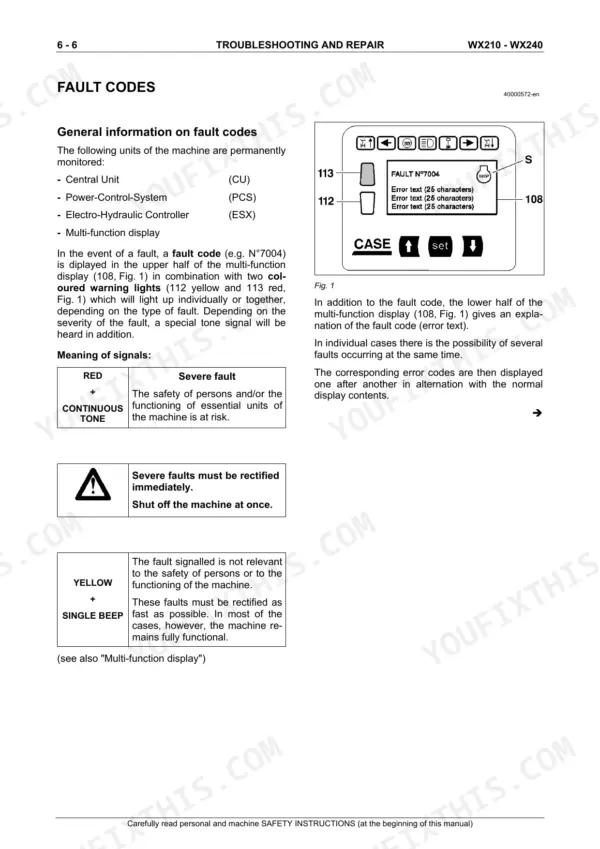 Case WX210, WX240 troubleshooting page explaining fault codes, display warning lights, and signal meanings.