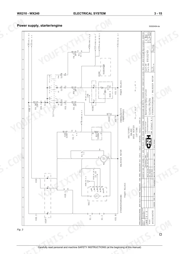Case WX210, WX240 electrical system wiring diagram for power supply, starter, and engine components.