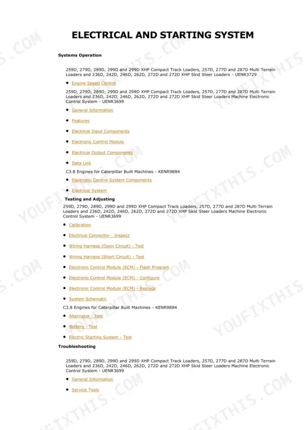 Electrical and Starting System section index - engine speed control and Machine ECM topics