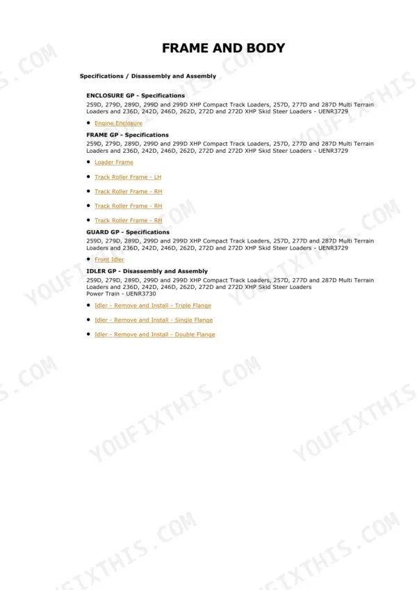 Frame and Body specifications - engine enclosure, loader frame and track roller frames