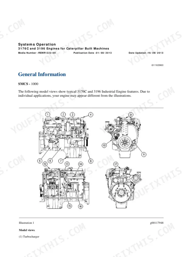 Engine Arrangement general information page (media RENR1222-09) listing the machines this engine is installed in
