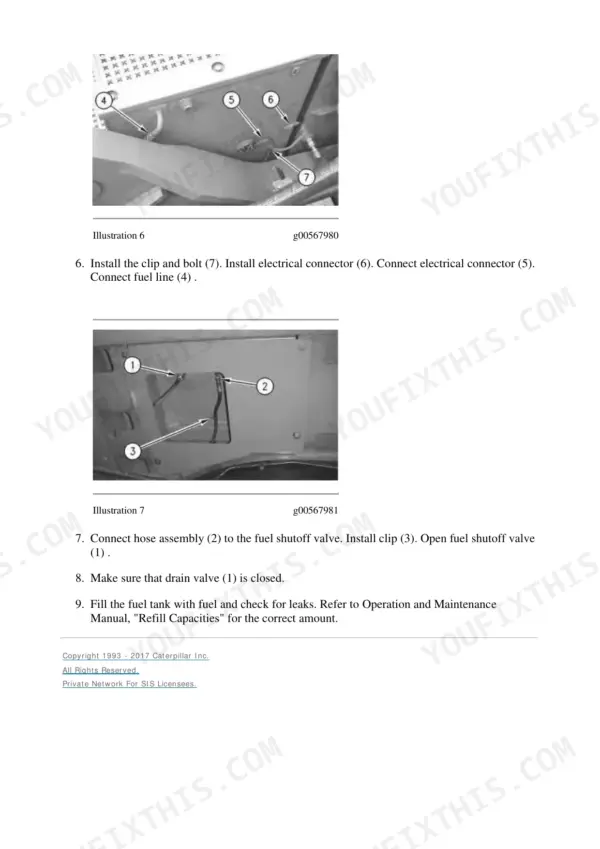End of a fuel system installation procedure: fuel line, clip and electrical connectors refitted