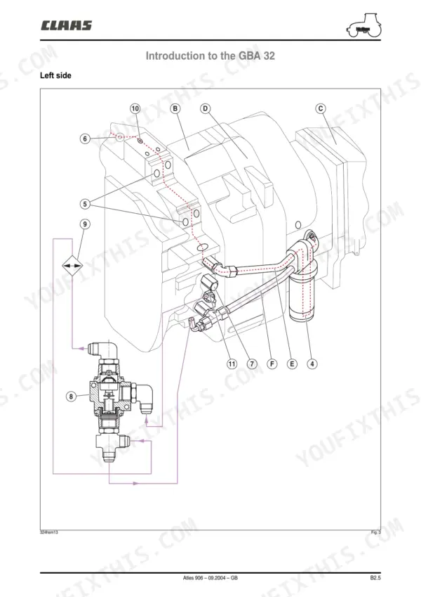 Claas Atles 906 926 936 GBA 32 transmission hydraulic system diagram showing left side components.