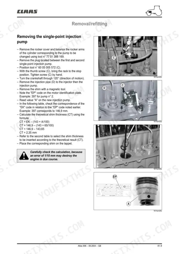 Claas Atles 906 926 936: Procedure for removing and refitting the single-point injection pump.