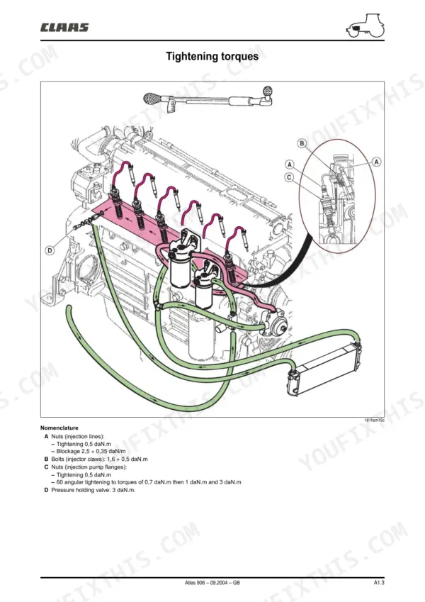 Claas Atles 906 926 936 engine fuel injection system tightening torque diagram and specifications.