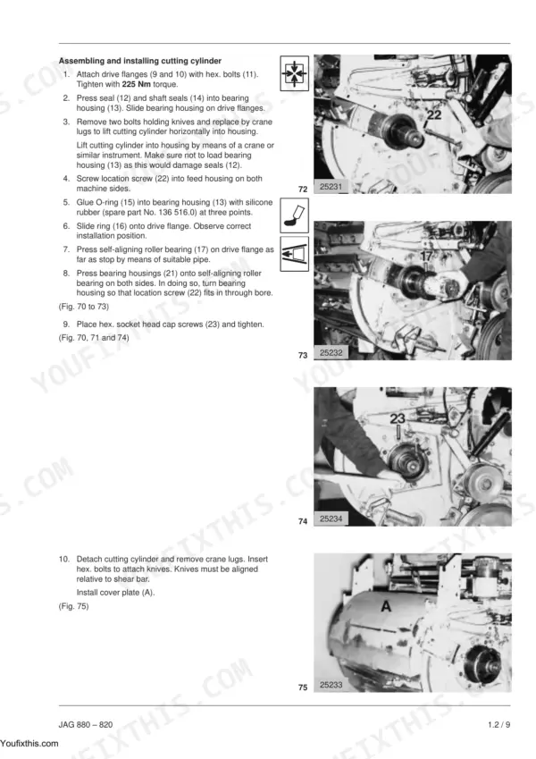 Claas Jaguar 880/860/840/820: Procedure for assembling and installing cutting cylinder.