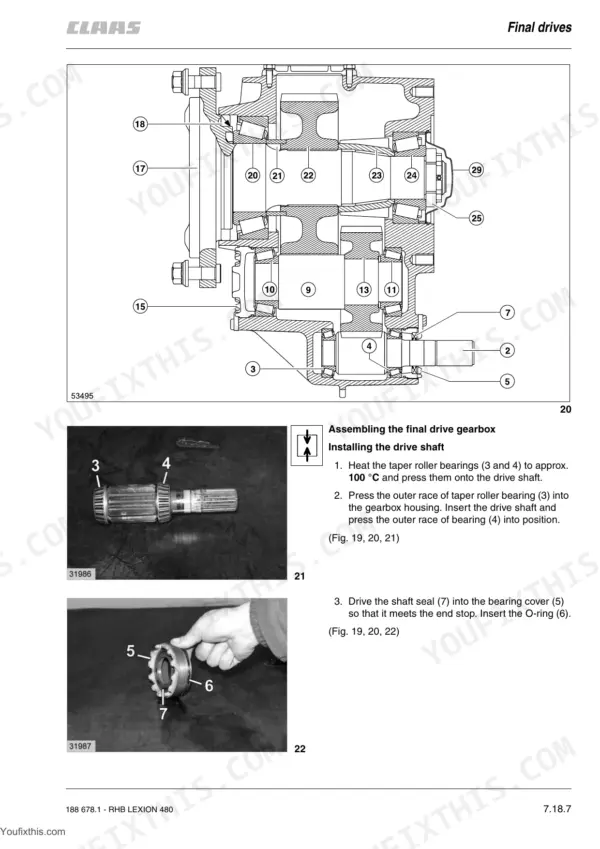 Claas Lexion 480 final drive gearbox exploded view, drive shaft installation, and bearing assembly procedures.