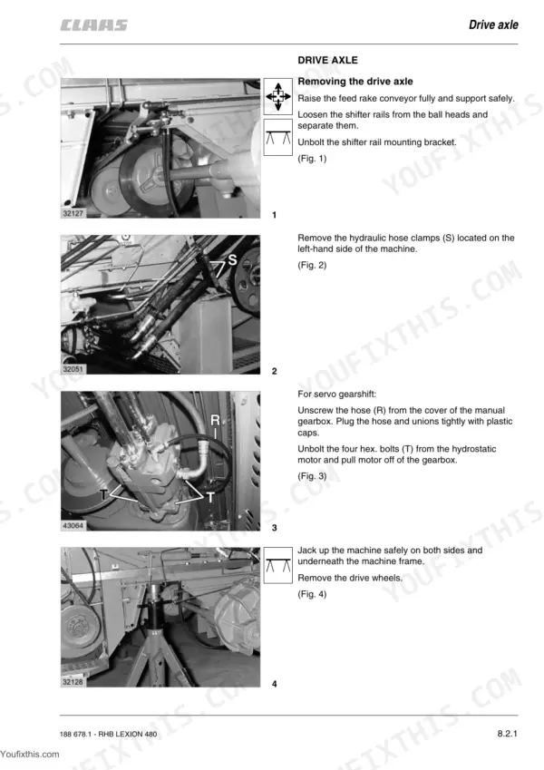 Claas Lexion 480 drive axle removal procedure showing hydraulic hose, motor, and gearbox disassembly steps.