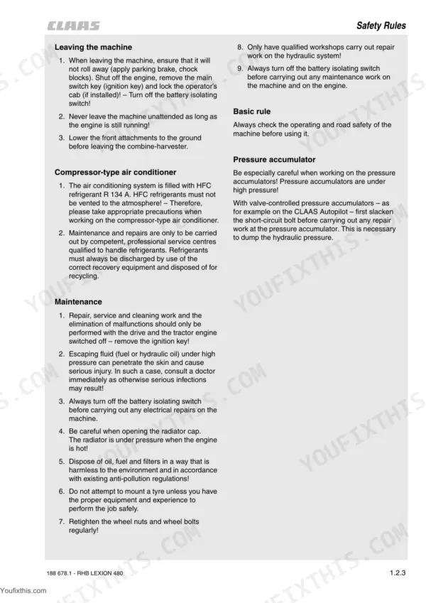 Claas Lexion 480 safety rules for leaving the machine, air conditioning maintenance, and general repair procedures.