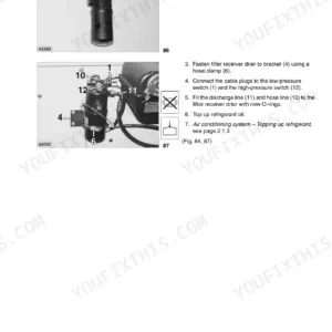 Claas Lexion 480 air conditioner filter receiver drier installation procedure and component diagrams.