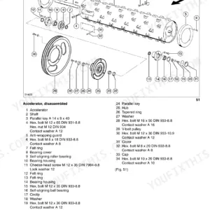 Claas Lexion 405 to 460 – 405 exploded view of accelerator assembly, shaft, bearings, and V-belt pulley components.