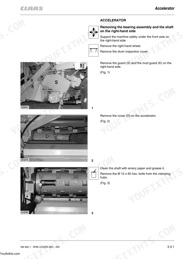 Claas Lexion 405 to 460 – 405 accelerator bearing assembly and shaft removal procedure.