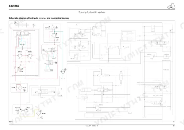 Claas Nectis 217-207 hydraulic system schematic diagram showing the 2 pump hydraulic reverser and mechanical doubler.