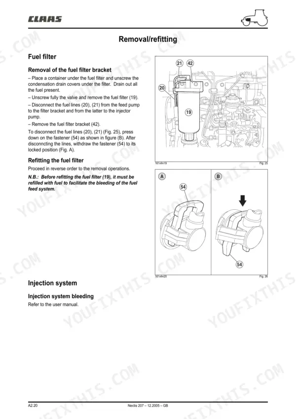 Claas Nectis 217-267, 207 fuel filter removal and refitting procedure with diagrams of filter bracket and fastener 54.