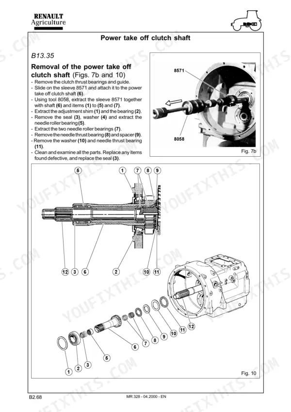 Claas Renault Temis repair manual - power take-off clutch shaft removal (B13.35)