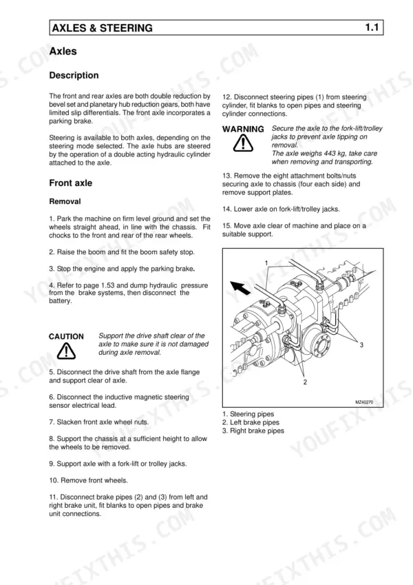 Claas Targo K50/K60/K70 front axle removal procedure and brake pipe diagram