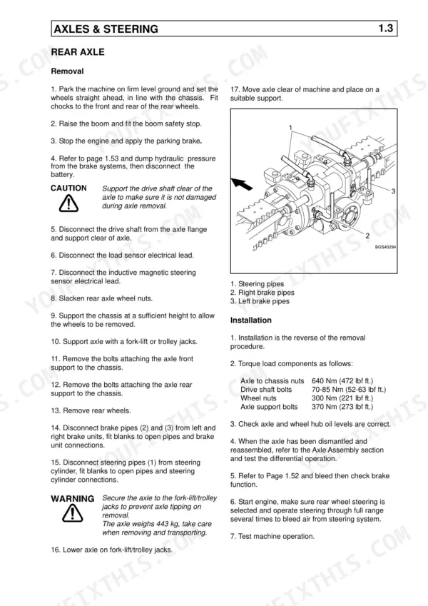 Claas Targo K50/K60/K70 rear axle removal, installation and torque specifications