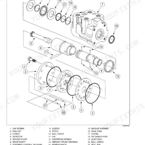 Case 721D steering control valve exploded view diagram with numbered parts list including spool, gerotor, and housing.
