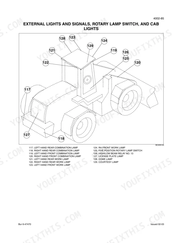 Cnh 721D diagram of external lights, signals, rotary lamp switch, and cab lights with numbered component parts list.