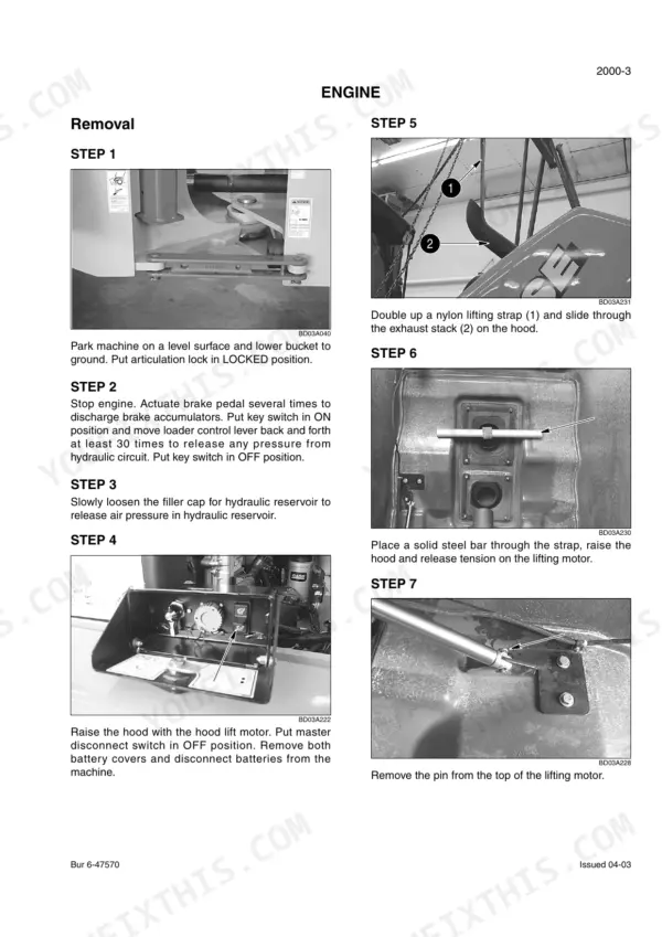 Cnh 721D engine hood removal procedure steps 1 through 7 with component lifting and battery disconnect instructions.