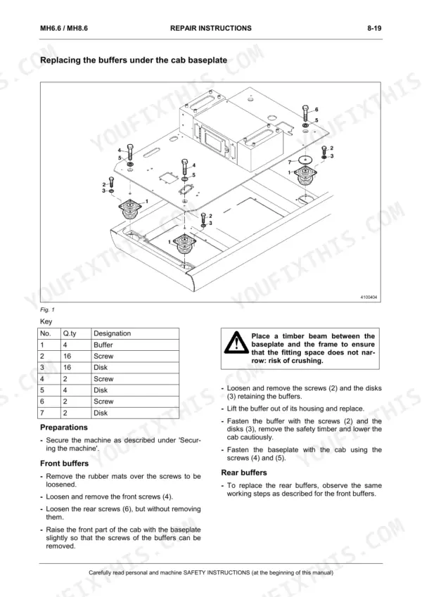 Cnh Baumaschinen Gmbh MH6.6, MH8.6, Hydraulic Excavator exploded view diagram for replacing cab baseplate buffers.
