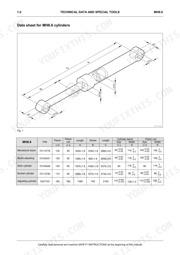 Cnh Baumaschinen Gmbh MH6.6, MH8.6, Hydraulic Excavator cylinder technical data sheet with dimension diagram and table