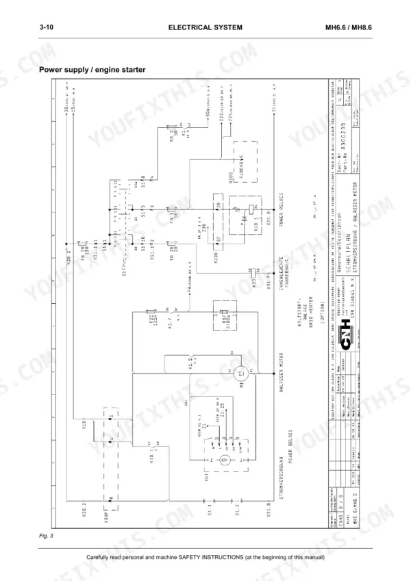 Cnh Baumaschinen Gmbh MH6.6, MH8.6, Hydraulic Excavator wiring diagram for power supply and engine starter system.