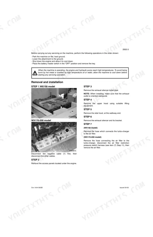 Cnh WX150, WX170, WX200, WX200M service manual procedure for engine component removal and installation.