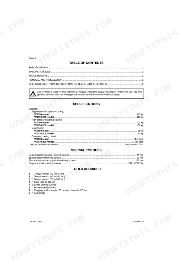 Cnh WX150, WX170, WX200, WX200M service manual page showing engine specifications, special torques, and required tools list.