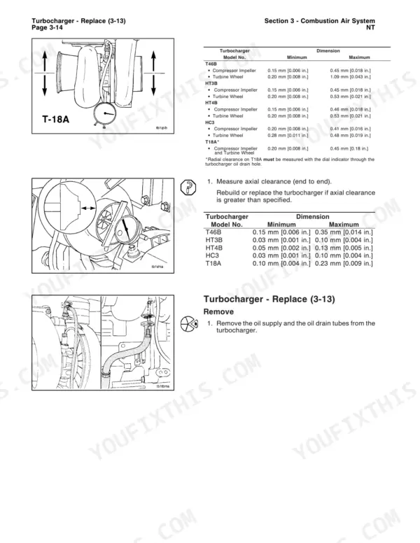 Cummins Big Cam turbocharger radial and axial clearance specifications and removal procedure.