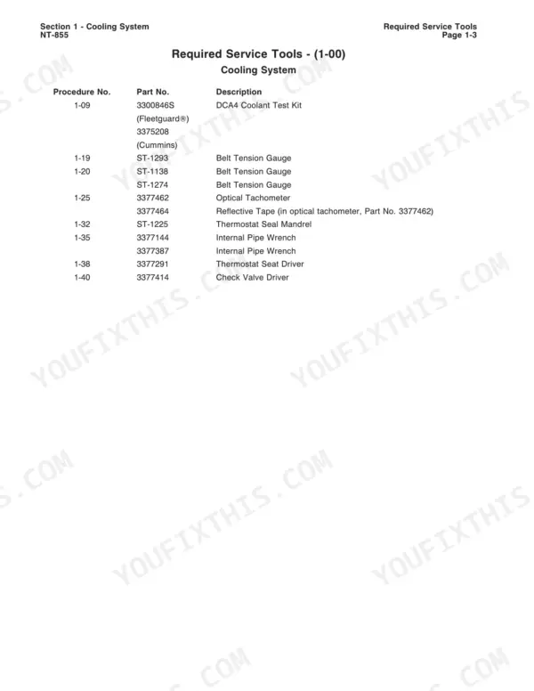 Cummins Big Cam cooling system required service tools list with part numbers and descriptions.